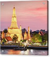 Thailand, Thailand Central, Bangkok, Tropics, Gulf Of Siam, Gulf Of Thailand, Wat Arun, Wat Arun And Chao Phraya River At Sunset Acrylic Print