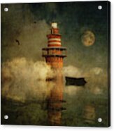 The Lonely Lighthouse In The Fog With Full Moon Acrylic Print