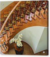 Top View Of Wooden Spiral Staircase, Burgundy And Cream Coloured Rug Runner And Brass Rods Acrylic Print