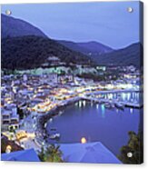 Town & Harbor At Night, Epirus, Greece Acrylic Print