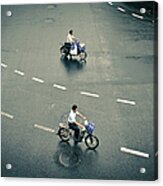 Two Asian Men Riding On Bicycles Acrylic Print