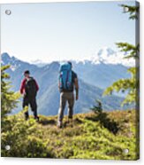 Two Backpackers Hiking On Bald Mountain, Washington. Acrylic Print