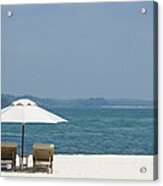 Two Lounge Chairs On White Sand Beach Acrylic Print