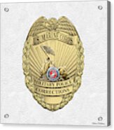 U. S.  Marine Corps Military Police -  U S M C  M P  Corrections Badge Over White Leather Acrylic Print