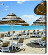 Umbrellas And Hammocks In Rio Verde Beach, Marbella, Malaga, Spa Acrylic Print