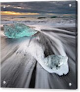 Icebergs On A Black Sand Beach At Sunrise Acrylic Print