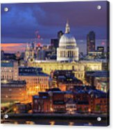 United Kingdom, England, London, Great Britain, Thames, City Of London, St. Paul's Cathedral Aerial View By Night Acrylic Print