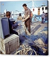 Untangling Fishing Nets At The Harbour Acrylic Print