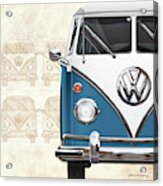 Volkswagen Type 2 - Blue And White Volkswagen T1 Samba Bus Over Vintage Sketch Acrylic Print