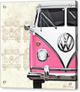 Volkswagen Type 2 - Pink And White Volkswagen T1 Samba Bus Over Vintage Sketch Acrylic Print