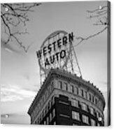 Western Auto Neon Sign At Sunrise - Downtown Kansas City Monochrome Acrylic Print