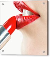 Woman Applying Red Lipstick Acrylic Print