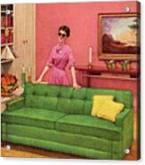 Woman In Sunglasses Standing Behind Couch Acrylic Print