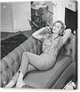 Woman Relaxing On Sofa, B&w, Elevated Acrylic Print