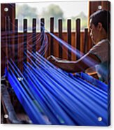 Woman Weaving Blue Silk Thread Acrylic Print