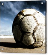 Worn And Old Soccer Ball On Sand Acrylic Print