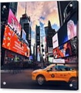 Yellow Cab In Time Square Acrylic Print