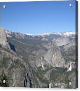 Yosemite National Park Half Dome Twin Waterfalls Snow Capped Mountains Clear Blue Sky Acrylic Print
