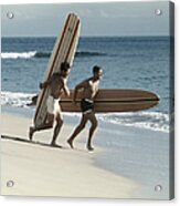 Young Men Running On Beach With Acrylic Print