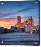Assisi, San Francesco Basilica Church At Sunset. Umbria, Italy. Acrylic Print