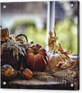 Decorated Window With Pumpkins, Leafs And Nuts #1 Acrylic Print