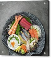 Mixed Sashimi Plate In Japanese Restaurant On Grey Background #1 Acrylic Print