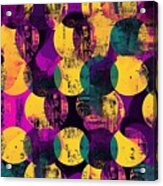 Seamless Pop Art Grunge Glitch Circles Patchwork Background Pattern Trendy Gender Neutral Violet And Yellow Dopamine Dressing Polka Dot Textile Swatch Contemporary Fashion Fabric Texture Backdrop #1 Acrylic Print