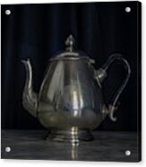 Silver And Brass Teapots Black Background Marble Table Acrylic Print
