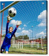 Teenager Goalkeeper Playing Soccer And Defending Penalty Kicks #1 Acrylic Print