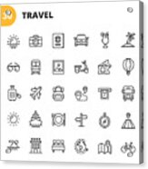 Travel Line Icons. Editable Stroke. Pixel Perfect. For Mobile And Web. Contains Such Icons As Camera, Cocktail, Passport, Sunset, Plane, Hotel, Cruise Ship, Atm, Palm Tree, Backpack, Restaurant. #1 Acrylic Print