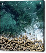 Aerial View From Flying Drone Of Crystal Blue Ocean Water And Sea Wall. Acrylic Print