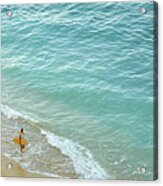 High Angle View Of Pacific Islander Woman Carrying Surfboard On Beach #2 Acrylic Print