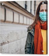 Woman With Protective Mask On The Street In City #2 Acrylic Print