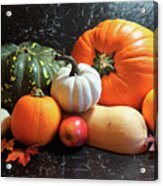 Autumn Harvest, Diverse Assortment Of Pumpkins On A Black Marble Table Counter. #4 Acrylic Print