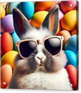 A Cool Rabbit Wearing Sunglasses Sits In Front Of A Colorful Background Of Easter Eggs Acrylic Print