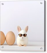 A Cute White Bunny With Sunglasses And Eggs In Front Of An Isolated Background. Acrylic Print