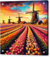 A Dutch Tulip Field, With Windmills And A Vibrant Sunset Sky. Acrylic Print