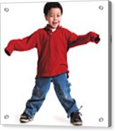 A Little Asian Boy In A Red Shirt With Long Sleeves Stand With His Arms Out And Feet Spread Apart Laughing Acrylic Print