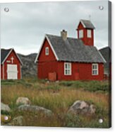 A Little Red Wooden Church In An Arctic Landscape With Cloudy Sky Acrylic Print