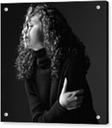 A Side Profile Of A Young Caucasian Woman Whose Face Is Obscured My Her Long Curly Hair Acrylic Print
