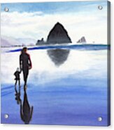 A Watery Walk To Haystack Rock, Oregon Acrylic Print