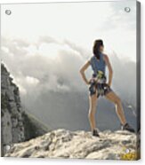 A Woman Climber On Top Of A Mountain Acrylic Print