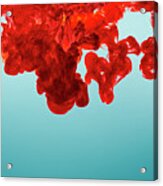 Abstract Color Paint Splash On Blue Background. Red Ink In Water Acrylic Print
