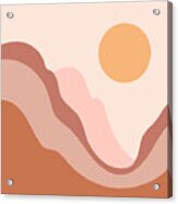 Abstract Contemporary Aesthetic Background With Landscape, Desert, Mountains, Sun. Earth Tones, Burnt Orange, Terracotta Colors. Boho Wall Decor. Mid Century Modern Minimalist Art Print. Organic Shape Acrylic Print