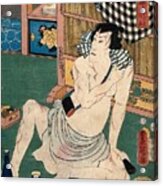 Actor Ichikawa Kodanji In A Loin-cloth, His Body Covered With Sword Scars, Is Seated At A Meal. Colo Acrylic Print