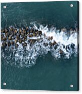 Aerial View From A Flying Drone Of Blue Sea Water And Break Water. Sea Wall Coastline Acrylic Print