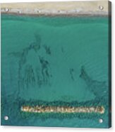 Aerial View From Flying Drone Of People Relaxing On The Beach. Paphos Cyprus Acrylic Print