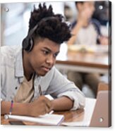 African American College Student Works On Research At Library Acrylic Print