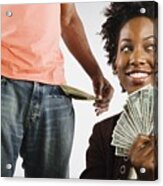 African American Woman Holding Money Next To Man With Empty Pockets Acrylic Print
