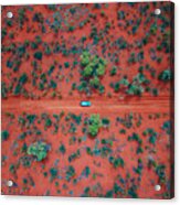 An Aerial Shot Of A Car Driving On The Red Centre Roads In The Australian Outback Acrylic Print